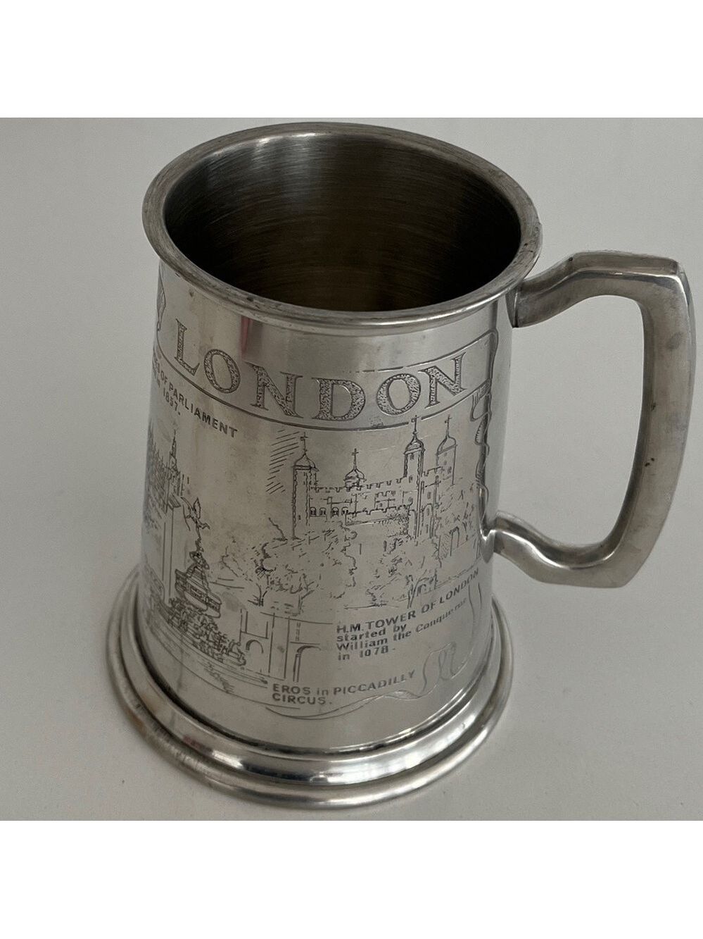 VINTAGE Pewter Tankard Engraved London Landmarks Made Sheffield England Barware